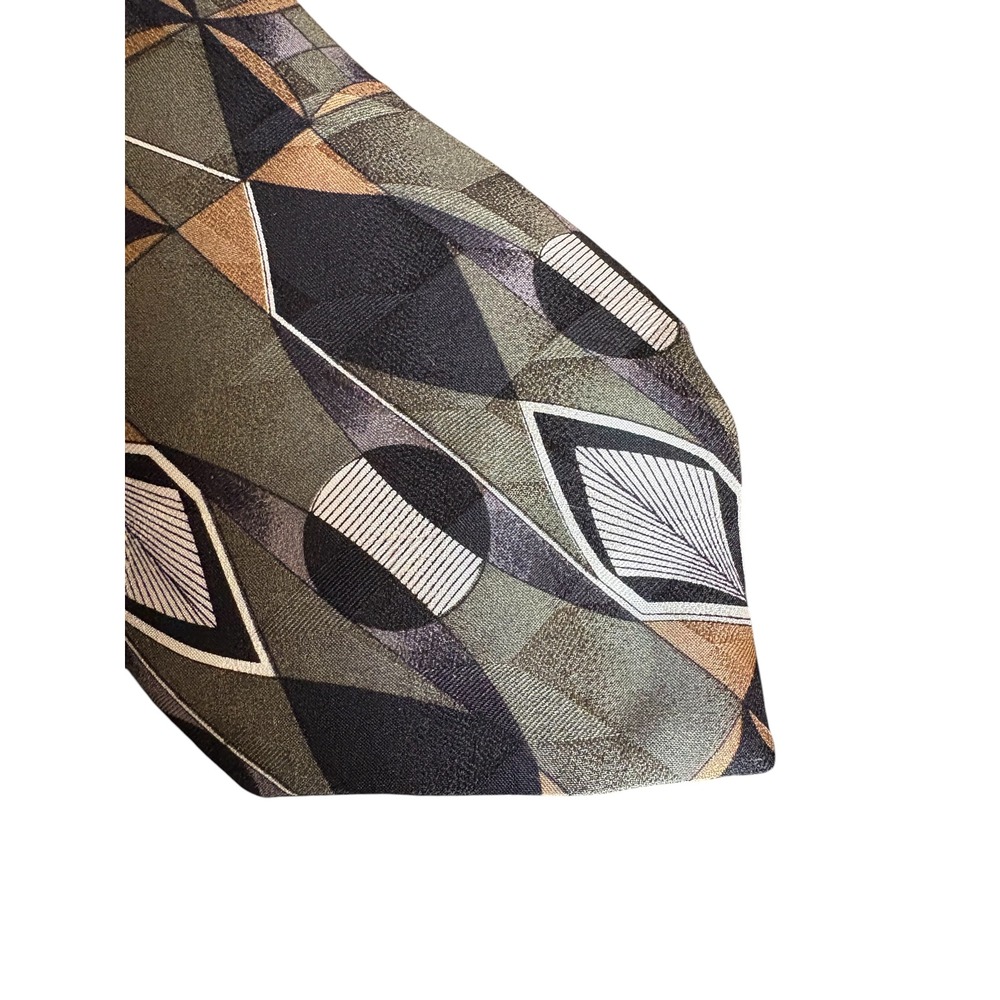 L'Atelier Men's Geometric Neck Tie Green Black Tan Abstract USA Made 58" x 3.75"